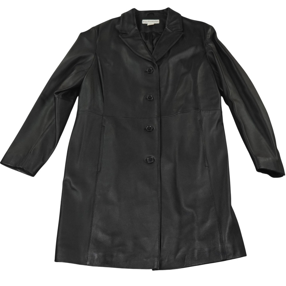 VTG Modern Essentials Leather Jacket Coat Women XL‎ Black Button Front Trench